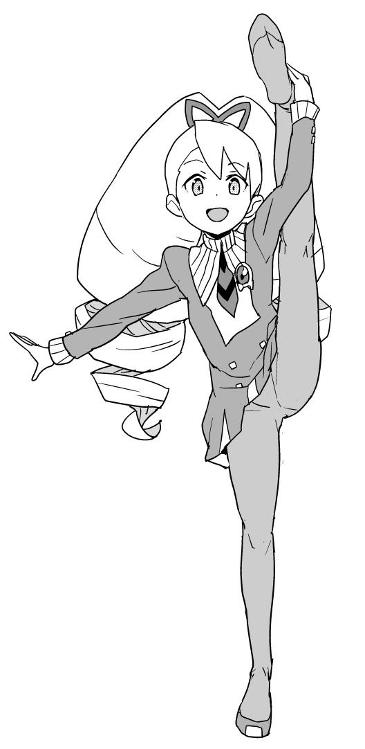 1girl bow dress drill_hair greyscale hair_bow heriyama long_hair luna_platz_(mega_man) mega_man_(series) mega_man_star_force_(series) monochrome open_mouth pantyhose simple_background smile split standing standing_on_one_leg standing_split twin_drills very_long_hair white_background