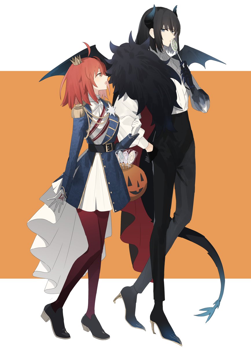 1boy 1girl ahoge bat_wings belt black_belt black_hair black_pants blue_dress blue_footwear candy crown dress fate/grand_order fate_(series) food fujimaru_ritsuka_(female) fujimaru_ritsuka_(female)_(halloween_royalty) fur fur_trim gloves halloween highres horns ninjin_(ne_f_g_o) oberon_(fate) oberon_(third_ascension)_(fate) open_mouth orange_hair pants pumpkin pumpkin_hat red_ribbon ribbon shirt short_hair shoulder_strap star_(symbol) white_gloves white_shirt wings