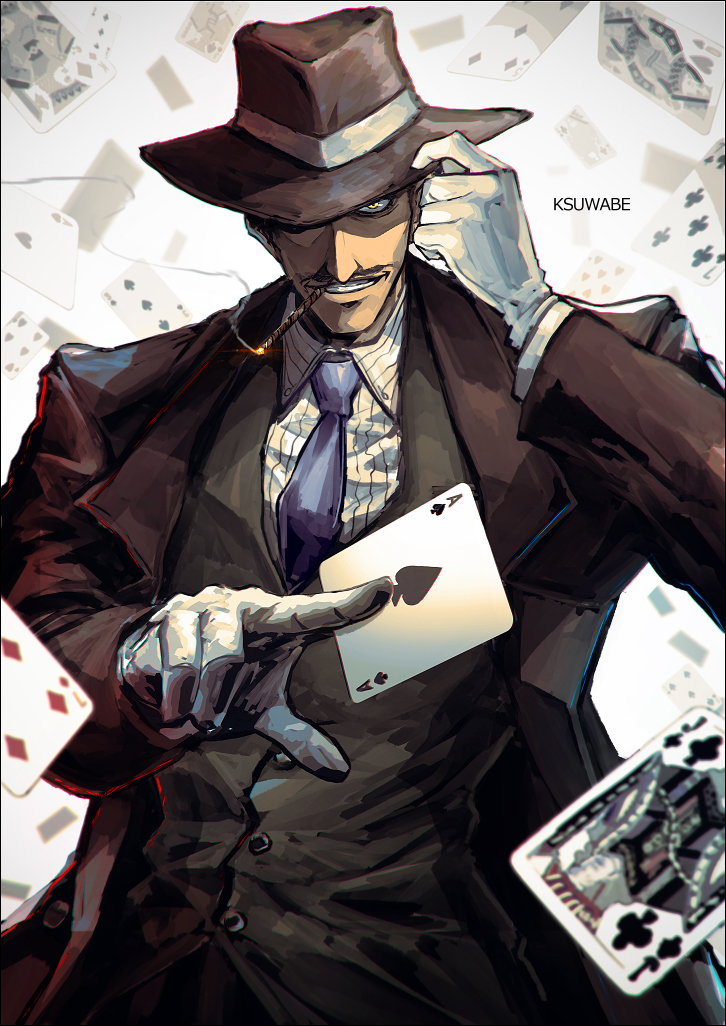 1boy artist_name black_suit card cigar collared_shirt facial_hair fedora formal_clothes hat hellsing holding holding_card jacket k-suwabe lapels male_focus mustache necktie notched_lapels pinstripe_pattern pinstripe_shirt playing_card shirt smoking solo suit suit_jacket tubalcain_alhambra yellow_eyes