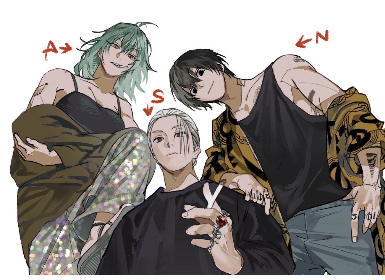 1girl 2boys akao_rion arm_tattoo black_eyes black_hair black_shirt black_tank_top blue_hair blue_pants cigarette closed_mouth cowboy_shot grey_footwear grey_pants hair_pulled_back hand_tattoo holding holding_cigarette jacket jewelry long_hair long_sleeves mouth_hold multiple_boys nagumo_(sakamoto_days) off_shoulder pants ring sakamoto_days sakamoto_taro sakamoto_taro_(skinny) sandals shirt simple_background single_off_shoulder smile standing tank_top tattoo white_background white_hair yangmirak yellow_eyes yellow_jacket