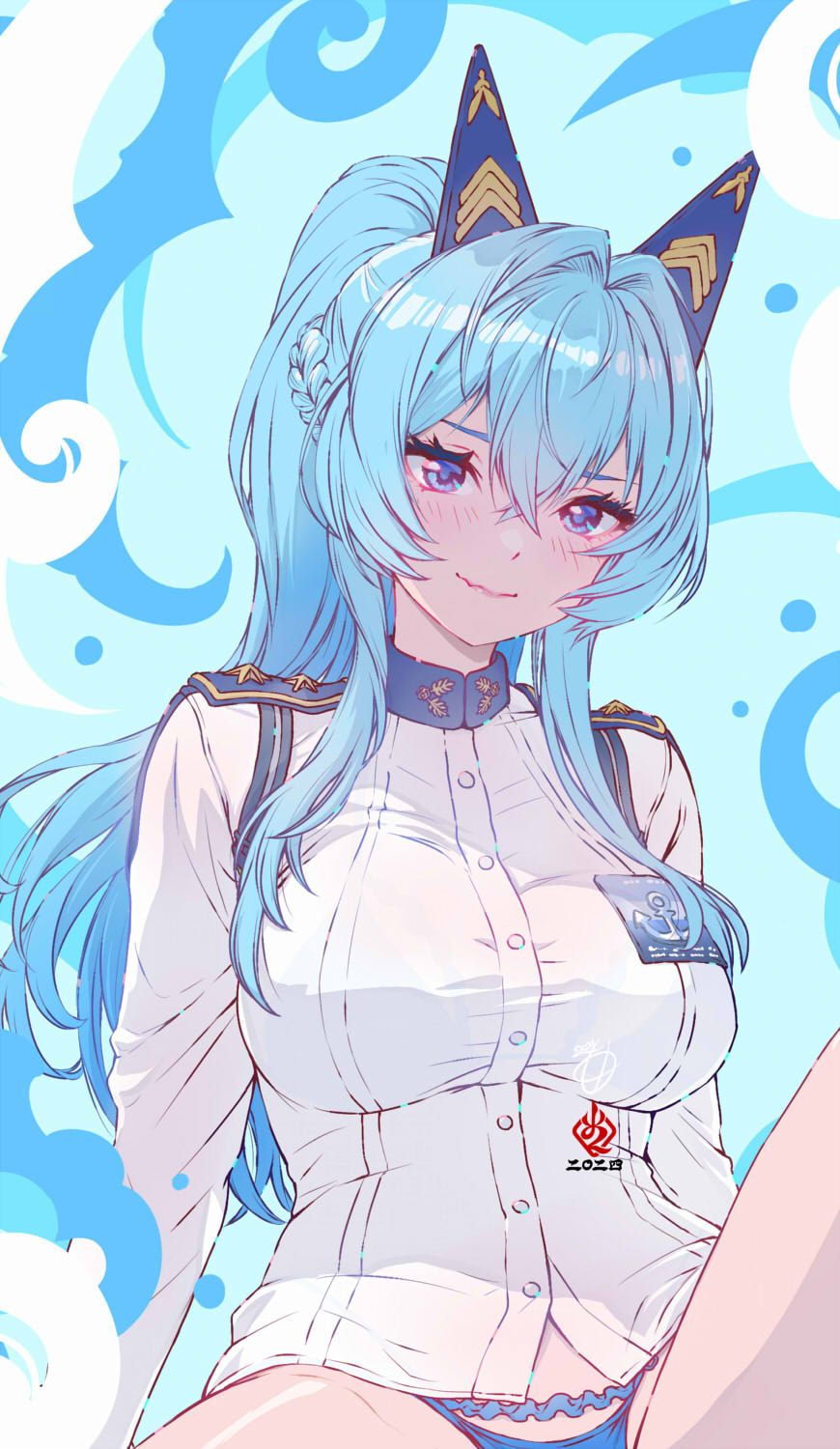 1girl bikini blue_bikini blue_eyes blue_hair blush braid breasts closed_mouth gloves goddess_of_victory:_nikke hair_intakes headgear helm_(aqua_marine)_(nikke) helm_(nikke) highres kanchiyo large_breasts long_hair looking_at_viewer official_alternate_costume ponytail shirt solo swimsuit wavy_mouth white_gloves white_shirt