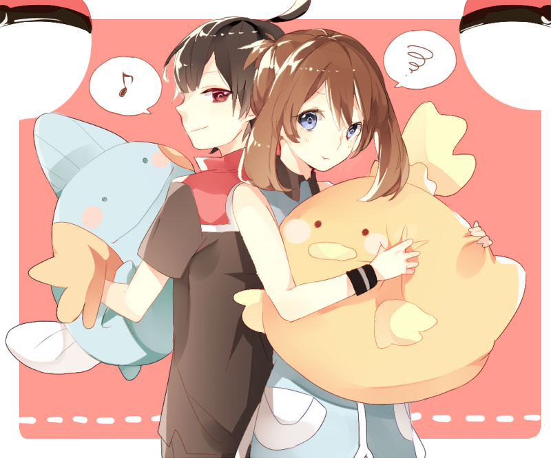 1boy 1girl back-to-back bad_id bad_pixiv_id black_hair blue_eyes blush_stickers brendan_(pokemon) brown_hair character_doll couple gen_3_pokemon may_(pokemon) mudkip musical_note nintendo poke_ball pokemon pokemon_(creature) pokemon_adventures prin_dog quaver red_eyes short_hair smile spoken_musical_note spoken_squiggle squiggle torchic wristband