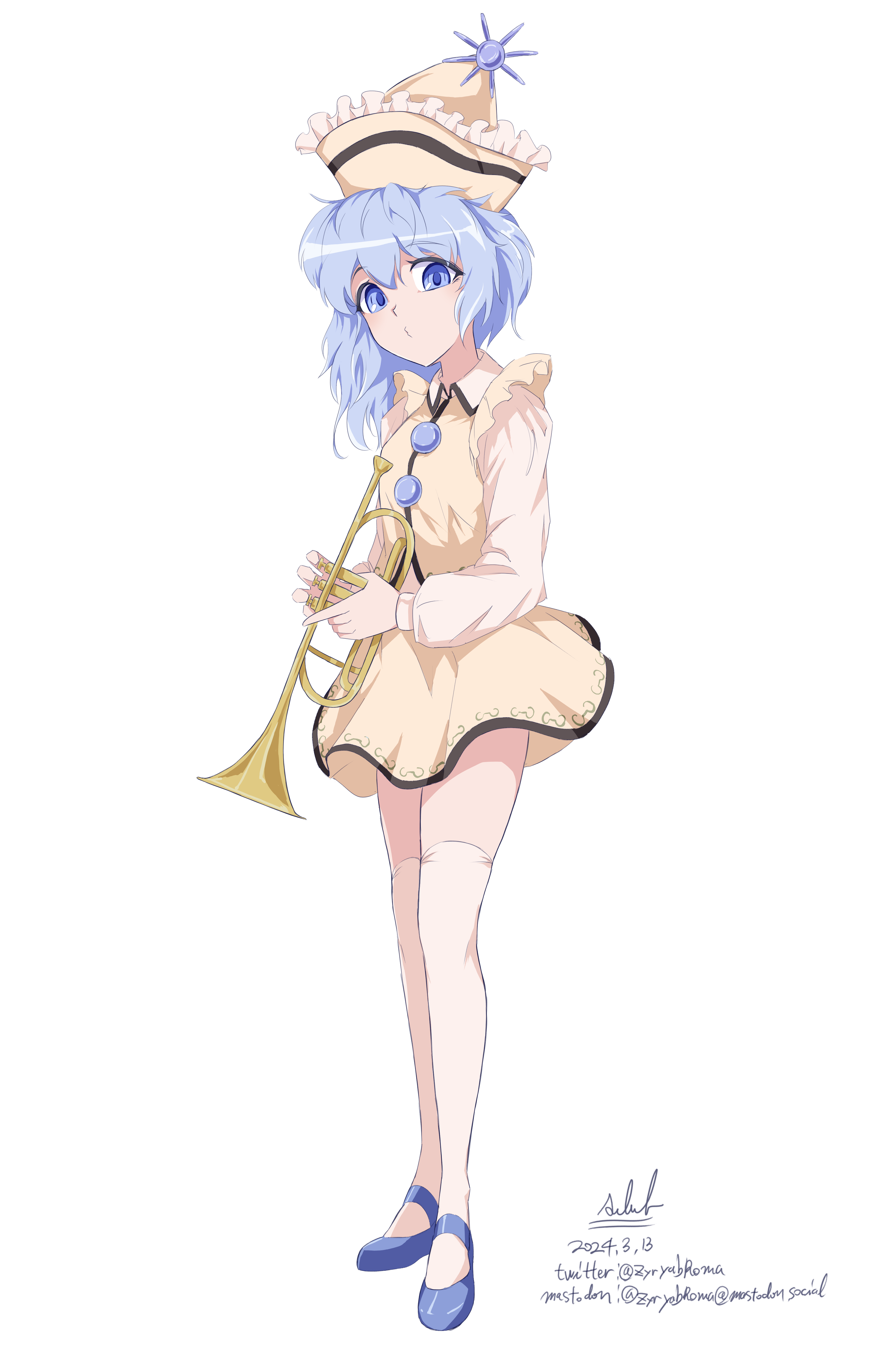 1girl absurdres blue_eyes blue_hair blue_shoes buttons commentary english_commentary frilled_hat frills full_body hat highres holding holding_instrument instrument long_sleeves mary_janes medium_hair merlin_prismriver miniskirt o3o pink_hat pink_skirt pink_vest pointy_hat puffy_sleeves shirt shoes simple_background skirt skirt_set solo standing sun_hat_ornament thighhighs touhou trumpet vest white_background white_shirt white_thighhighs zettai_ryouiki zyryab