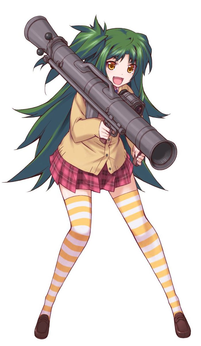 1girl :d artist_request bullet_girls cardigan carl_gustaf_8.4cm_recoilless_rifle carl_gustaf_recoilless_rifle carl_gustaf_stads_gevarsfaktori character_request crew-served_weapon fang female_focus full_body green_hair highres kishino_remi loafers long_hair long_sleeves looking_at_viewer man-portable_anti-tank_systems mole mole_under_eye official_art one_side_up open_mouth plaid_clothes plaid_skirt pleated_skirt rifling rocket_launcher saab_bofors_dynamics school_uniform shoes simple_background skirt smile solo striped_clothes striped_thighhighs thighhighs very_long_hair weapon white_background yellow_eyes zettai_ryouiki