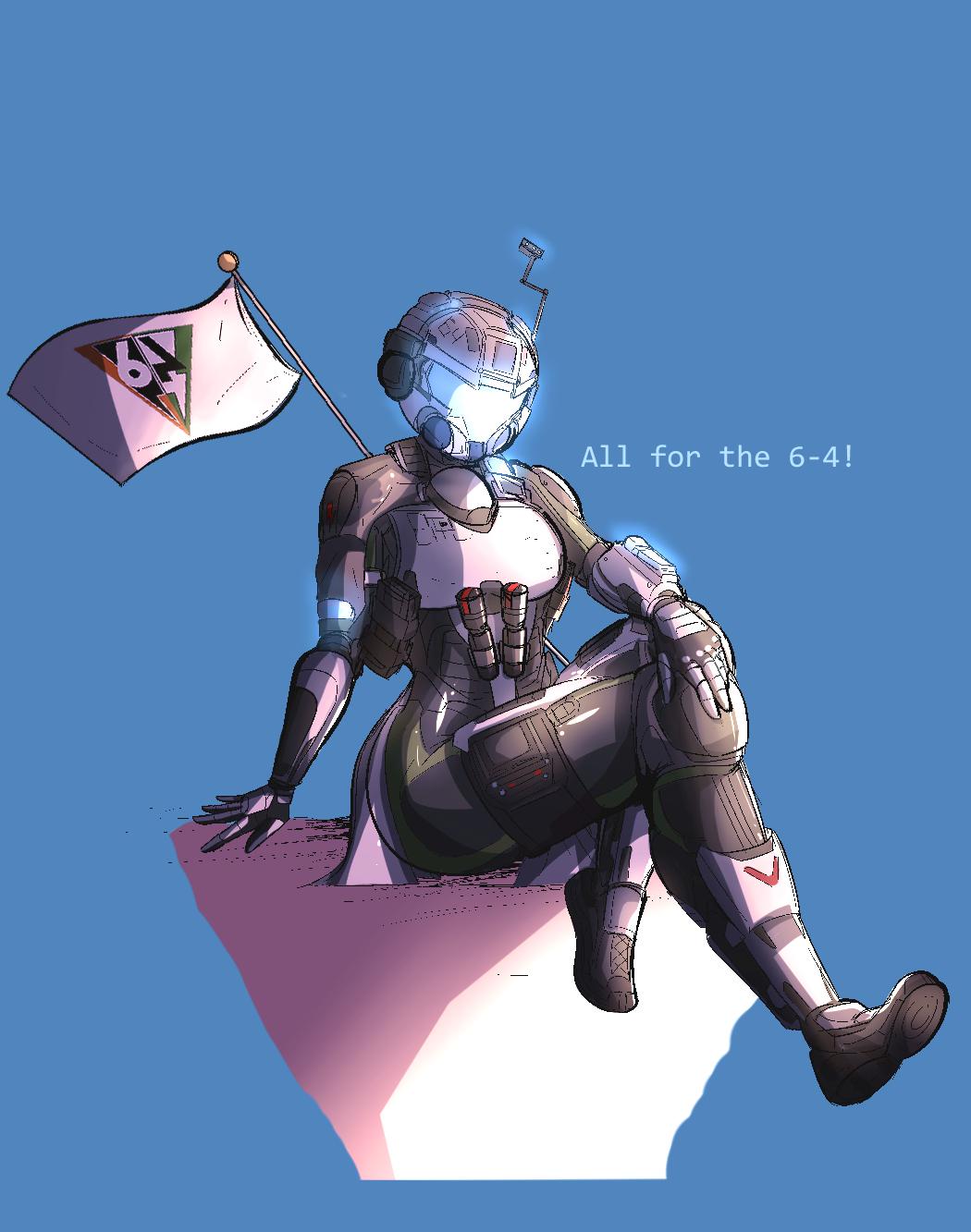 1girl ammunition_pouch armor black_gloves black_shoes blue_background breastplate crossed_legs english_text flag gates_(titanfall_2) gloves glowing hand_on_own_knee head_tilt highres knee_pads pouch shoes sitting sneakers solo spartans_doodles titanfall_(series) titanfall_2