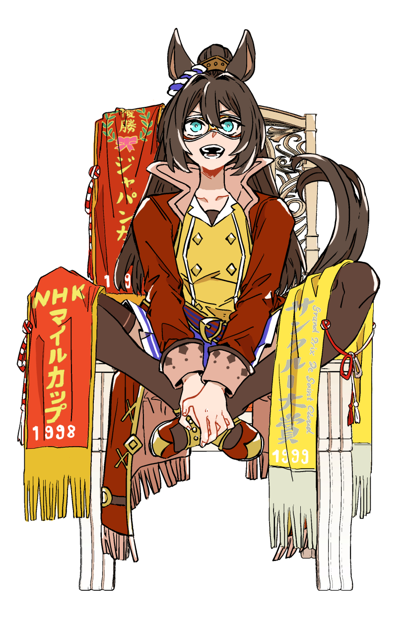 1998 1999 1girl animal_ears asuka_(junerabitts) belt belt_buckle black_thighhighs blue_eyes breasts brown_hair buckle buttons chair collarbone commentary_request domino_mask double-breasted ear_ornament el_condor_pasa_(umamusume) hair_ornament highres horse_ears horse_girl horse_tail jacket large_breasts long_hair mask on_chair open_mouth ponytail purple_skirt red_jacket red_shoes shirt shoes simple_background sitting skirt smile solo tail teeth thighhighs umamusume white_background yellow_shirt