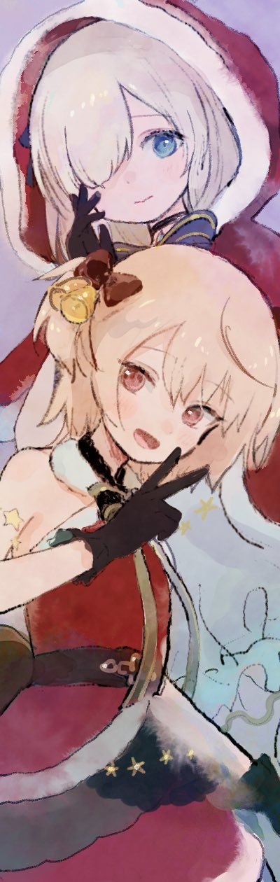 2girls ayano_rika_(christmas_ver.) bell black_choker blonde_hair blue_eyes bow brown_bow brown_gloves capelet choker closed_mouth dress fur-trimmed_dress fur_trim gloves grey_hair hair_bow hair_ornament hair_over_one_eye hand_up highres hood hood_up isuzu_ren_(christmas_ver.) jingle_bell looking_at_viewer magia_record:_mahou_shoujo_madoka_magica_gaiden mahou_shoujo_madoka_magica multiple_girls open_mouth purple_background red_capelet red_dress santa_costume santa_dress short_hair smile standing two_side_up v yorunogumo