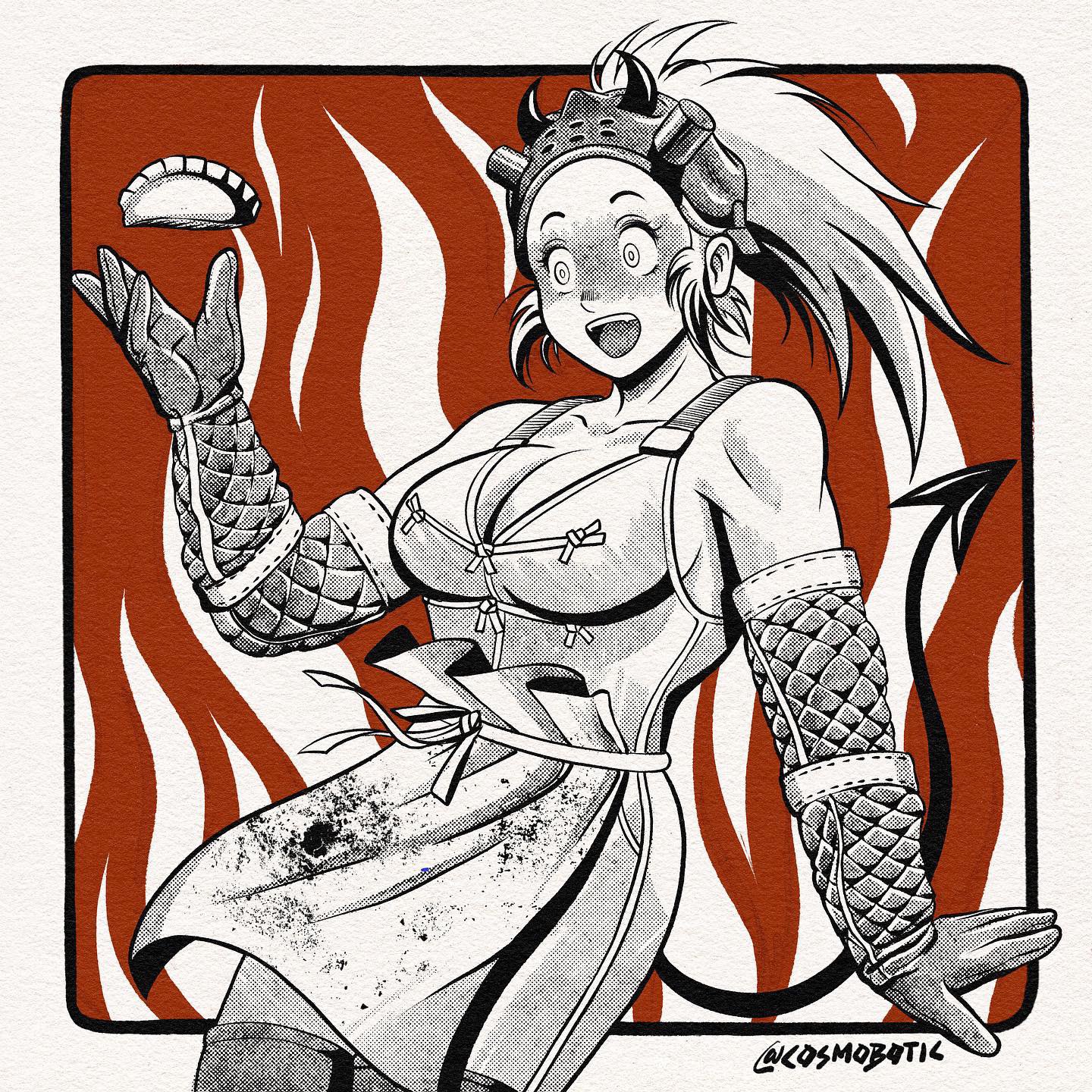 1girl apron blood blood_on_clothes breasts collarbone commentary csmbtc demon_tail dorohedoro dress dumpling elbow_gloves english_commentary fire floating_food food gloves highres jiaozi large_breasts long_hair monochrome nikaidou_(dorohedoro) open_mouth solo tail toned toned_female