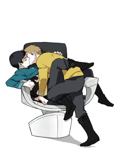 chair james_tiberius_kirk kiss pointy_ears spock star_trek starfleet_uniform tagme yaoi