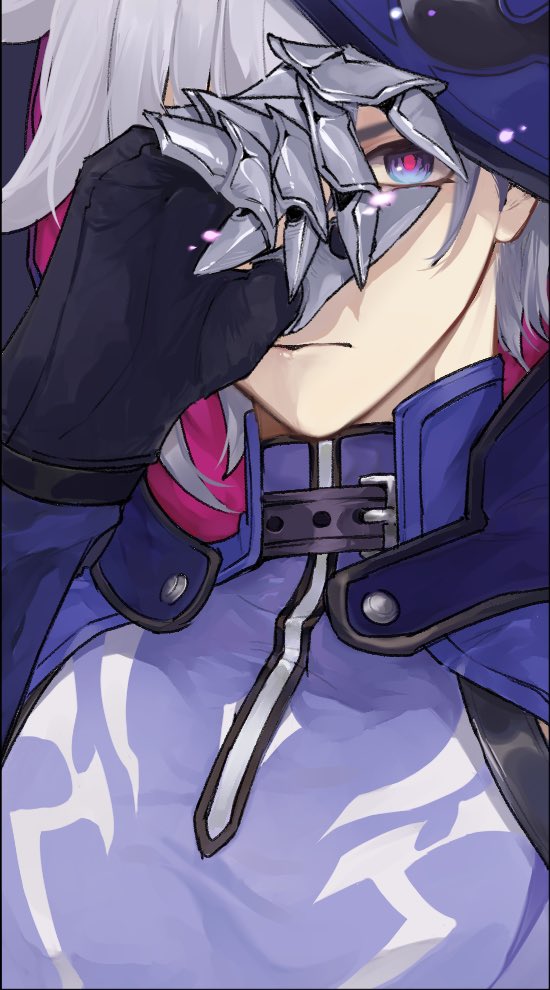138gi 1boy belt_collar black_gloves blue_eyes claw_ring close-up closed_mouth collar compression_shirt fake_claws finger_to_eye gloves grey_hair hand_on_own_face honkai:_star_rail honkai_(series) hood hood_up hoodie jacket long_sleeves looking_at_viewer male_focus moze_(honkai:_star_rail) multicolored_eyes purple_eyes purple_hoodie purple_jacket purple_shirt shirt sleeveless sleeveless_shirt solo turtleneck upper_body zipper_pull_tab
