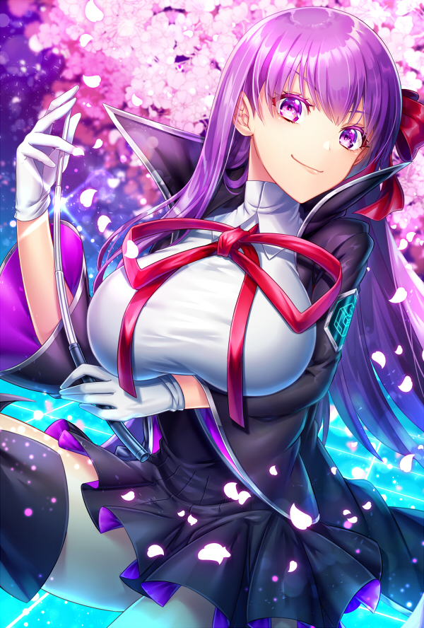 1girl bb_(fate) bb_(fate/extra) black_coat black_legwear breasts closed_mouth coat fate/extra fate/extra_ccc fate_(series) female_focus gloves hair_between_eyes hair_ribbon high-waist_skirt kamuinii large_breasts long_hair long_sleeves looking_at_viewer neck_ribbon petals popped_collar purple_eyes purple_hair red_ribbon ribbon skirt smile solo thighs wand white_gloves