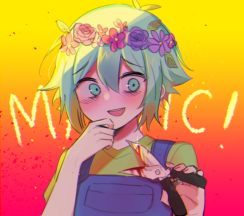 1boy :d antenna_hair aqua_eyes aqua_hair basil_(headspace)_(omori) basil_(omori) blood blue_overalls blush commentary_request double-parted_bangs english_text fingernails flower_wreath gardening_shears gradient_background green_shirt griffin333 hair_between_eyes hand_on_own_chin hands_up holding male_focus omori open_mouth overalls portrait red_background shears shirt short_hair short_sleeves simple_background smile solo teeth upper_teeth_only yellow_background