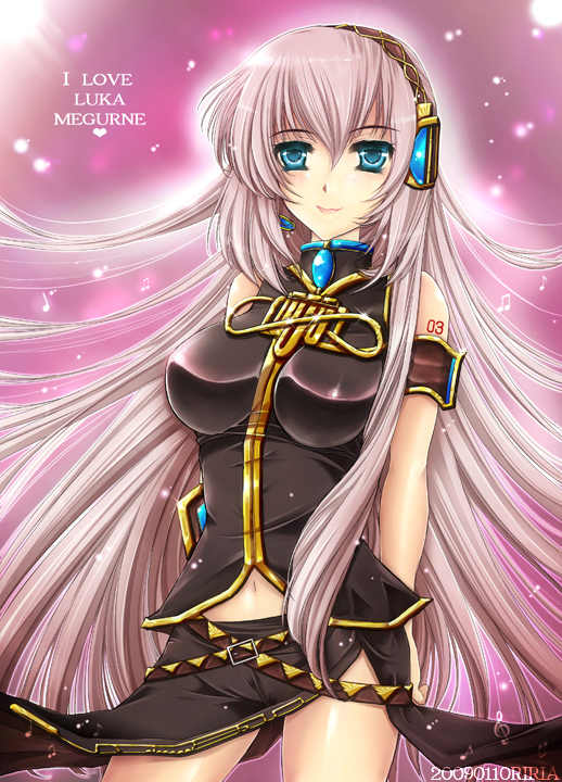 1girl 2009 :d armband arms_behind_back artist_name bare_arms bare_legs bare_shoulders belt black_skirt blue_eyes blue_gemstone blush breasts brooch character_name dated english_text female_focus gem hair_between_eyes hair_ornament headphones headset heart jewelry large_breasts legs light_particles long_hair long_skirt looking_at_viewer megurine_luka multiple_belts musical_note navel open_mouth pink_hair purple_background riria skirt sleeveless sleeveless_turtleneck smile solo standing tattoo turtleneck upskirt very_long_hair vocaloid