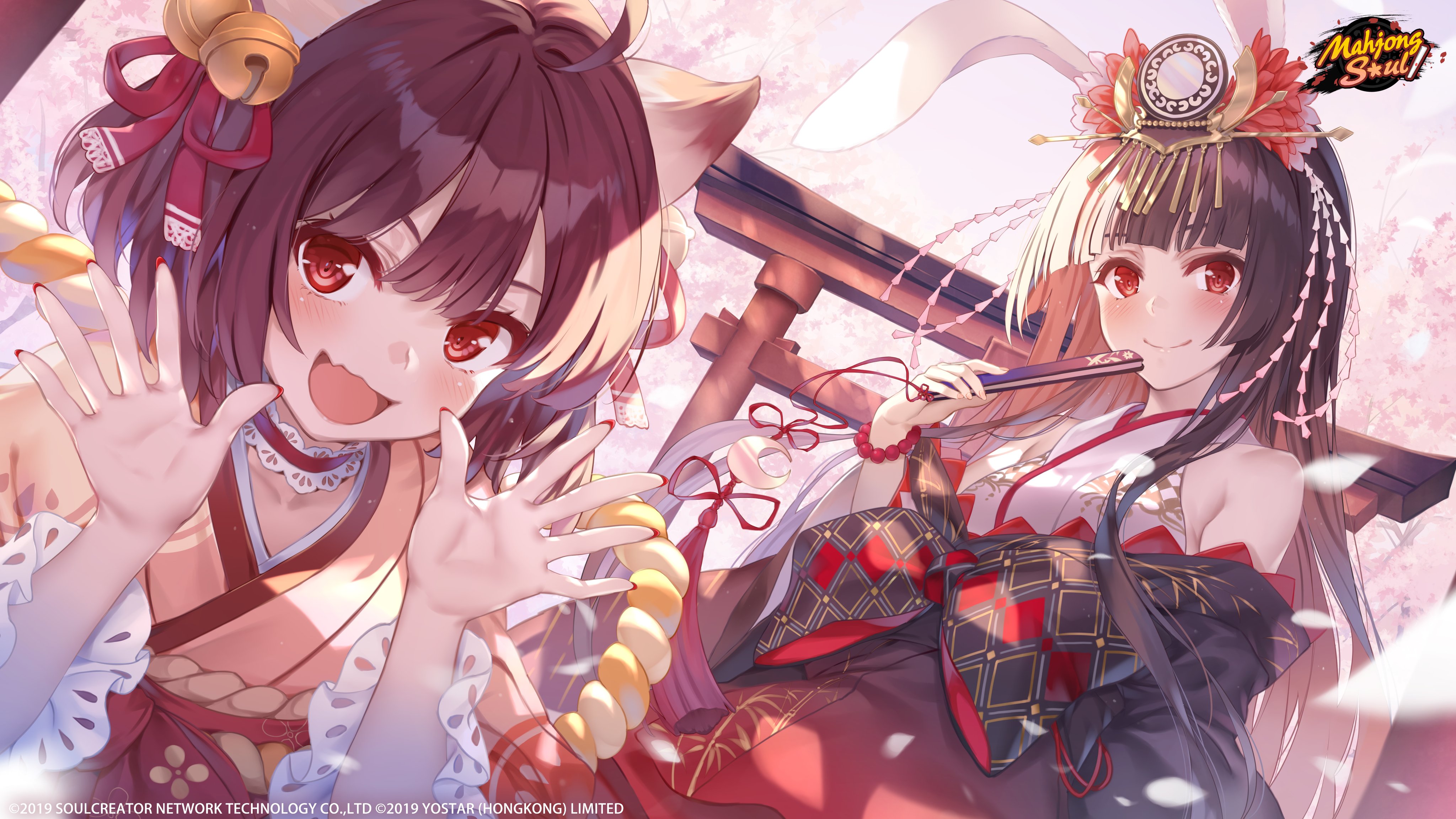 2girls absurdres animal_ears bead_bracelet beads bell bracelet brown_hair cat_ears cherry_blossoms choker copyright_logo day dutch_angle fan_to_mouth fang folded_fan folding_fan hair_bell hair_ornament hand_fan hands_up highres holding holding_fan ichihime japanese_clothes jewelry kaguyahime_(mahjong_soul) kimono lace-trimmed_choker lace_trim looking_at_viewer mahjong_soul misaki_kurehito multiple_girls official_art outdoors petals pink_petals rabbit_ears red_eyes red_nails skin_fang smile tassel torii
