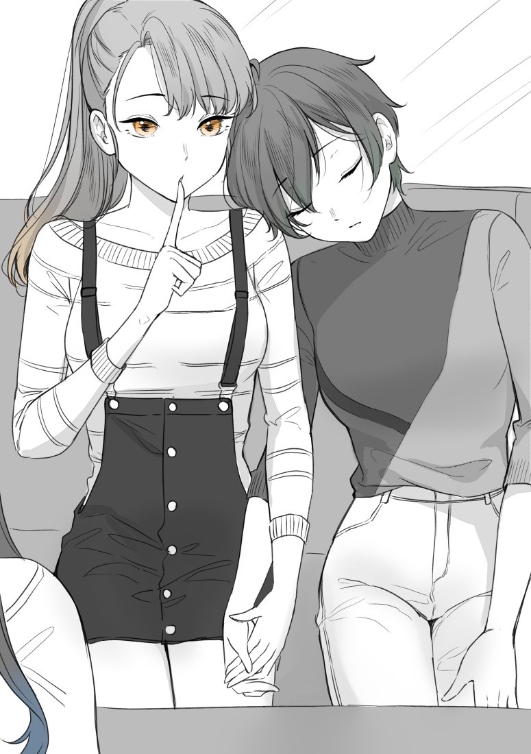 3girls ahoge brown_hair carrot_(robosquat) feet_out_of_frame finger_to_mouth gradient_hair holding_hands leaning_on_person long_hair multicolored_hair multiple_girls nadeshiko_(carrot_robosquat) orange_eyes original overall_skirt pants ponytail short_hair shushing sleeping sleeping_on_person spot_color sweater