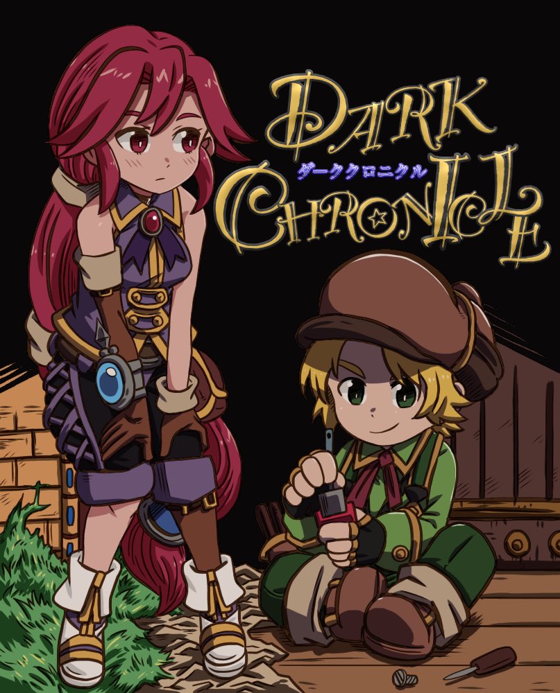 1boy 1girl batchgooya blonde_hair breasts closed_mouth dark_chronicle elbow_gloves full_body gloves hat long_hair max_(dark_chronicle) medium_breasts monica_(dark_chronicle) multi-tied_hair ponytail red_eyes red_hair smile very_long_hair