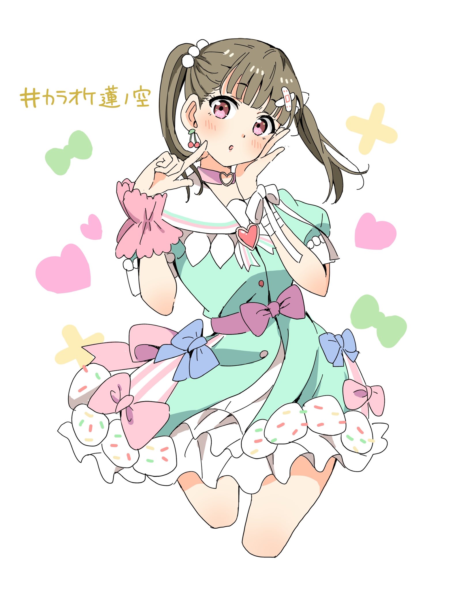 1girl :o aqua_dress bandaged_arm bandages bandaid bandaid_hair_ornament bien_(djpwjd1) blush brown_hair choker commentary_request cosplay cropped_legs dress finger_to_cheek fujishima_megumi fujishima_megumi_(cosplay) hair_bobbles hair_ornament hakuchu_a_la_mode hand_on_own_cheek hand_on_own_face hashtag heart heart_o-ring heart_ring_choker highres kachimachi_kosuzu karaoke_hasu_no_sora link!_like!_love_live! looking_at_viewer love_live! medium_hair o-ring o-ring_choker parted_lips pink_choker pink_eyes puffy_short_sleeves puffy_sleeves sailor_collar sailor_dress short_dress short_sleeves solo standing straight_hair translation_request twintails virtual_youtuber white_sailor_collar x_hair_ornament