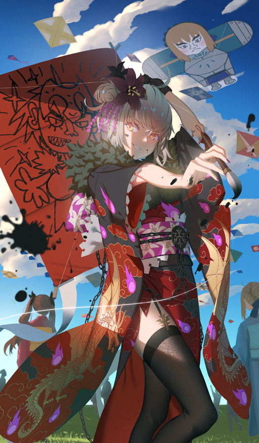 3girls ahoge arm_up artoria_pendragon_(fate) black_bow black_collar black_gloves black_kimono black_thighhighs blonde_hair blue_kimono blue_sky bow brown_hair bun_with_braided_base chain child&#039;s_drawing cloud collar commentary day dragon dragon_print fate/grand_order fate_(series) floral_print floral_print_kimono flower front_slit fur_collar garter_straps gloves grass grin hair_bow hair_bun hair_flower hair_ornament holding holding_paintbrush ishtar_(fate) japanese_clothes jeanne_d&#039;arc_alter_(fate) kimono kite kite_flying long_hair looking_to_the_side multiple_girls new_year obiage obijime official_alternate_costume official_art outdoors paintbrush pink_sash print_kimono purple_flower red_kimono saber_(fate) sash short_hair sidelocks single_glove single_side_bun sky smile solo_focus splatter standing string sunlight teeth thighhighs third-party_source twintails vofan white_hair wide_sleeves yellow_eyes