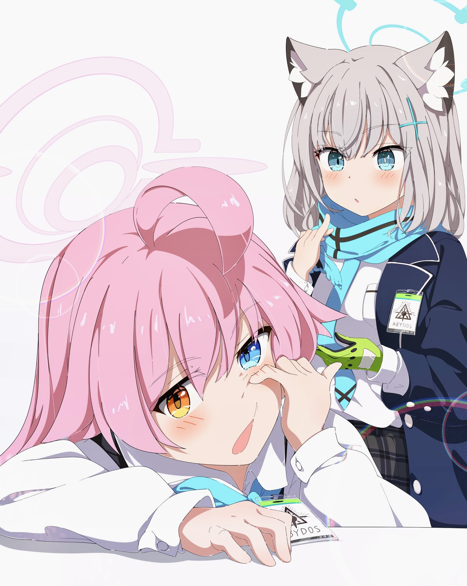 2girls :o ahoge animal_ear_fluff animal_ears black_jacket blue_archive blue_eyes blue_halo blue_necktie blue_scarf blush bright_pupils commentary cross_hair_ornament eyes_visible_through_hair finger_to_own_nose gloves green_gloves grey_hair hair_between_eyes hair_ornament halo hand_up heterochromia highres hoshino_(blue_archive) huge_ahoge id_card jacket kame_(nokonoko10271) lens_flare long_hair looking_at_another looking_at_viewer medium_hair mismatched_pupils multiple_girls necktie open_clothes open_jacket open_mouth orange_eyes pink_hair pink_halo pinky_out scarf shiroko_(blue_archive) shirt simple_background single_glove upper_body white_background white_pupils white_shirt wolf_ears wolf_girl