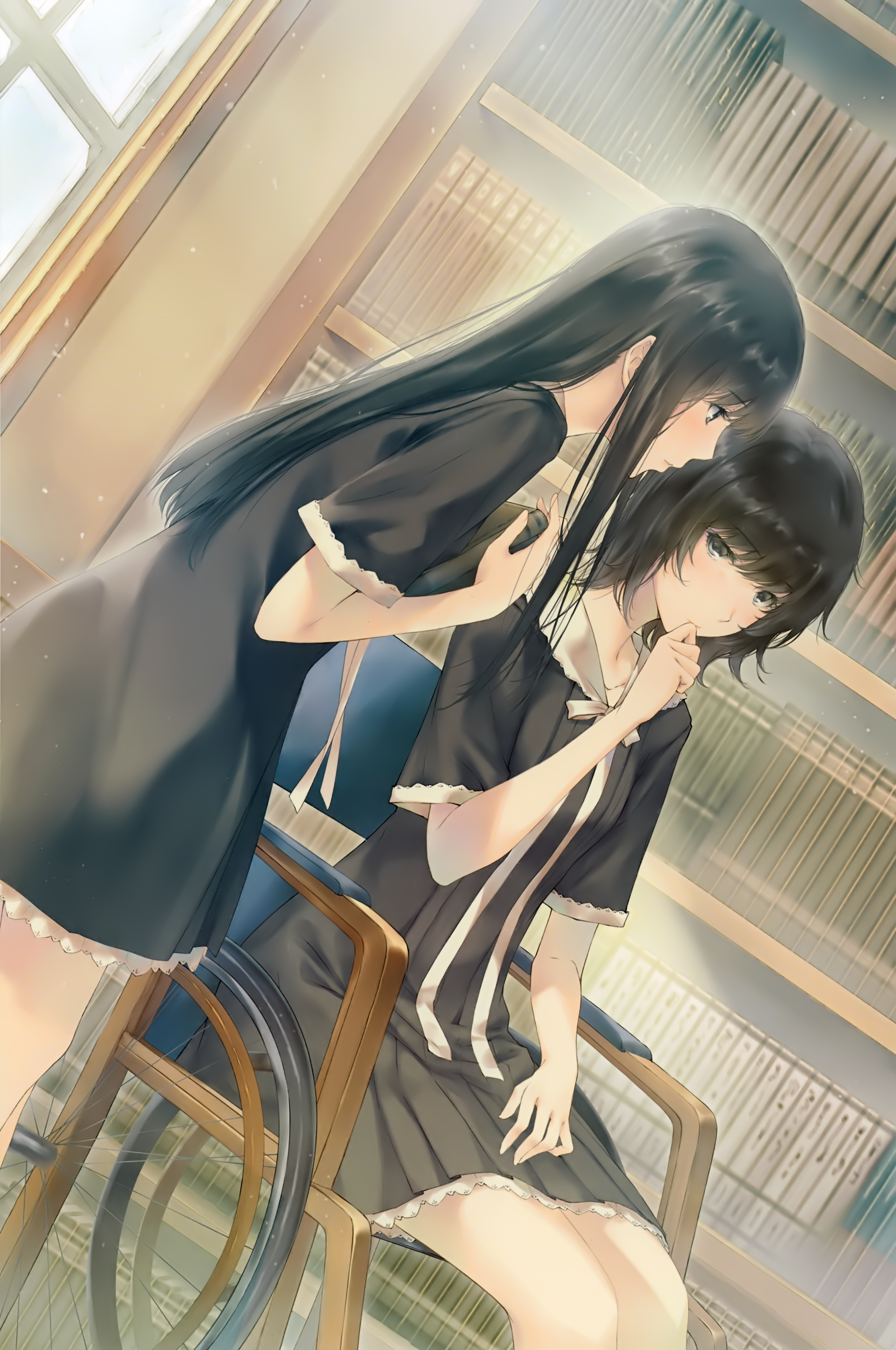 2girls absurdres book bookshelf dress dutch_angle flowers_(innocent_grey) from_side hand_to_own_mouth highres holding holding_book leaning_forward library light_rays long_hair multiple_girls profile school_uniform shirahane_suou short_hair short_sleeves sitting standing sugina_miki sunbeam sunlight wheelchair window yaegaki_erika