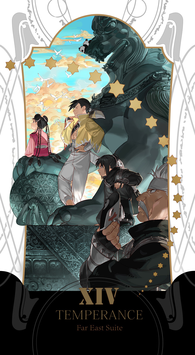 2boys 2girls bandaged_arm bandages black_hair braid card_(medium) china_dress chinese_clothes closed_eyes closed_mouth commentary_request dao_(weapon) dress emmmerald facial_hair from_side fu_(fma) fullmetal_alchemist grey_hair hand_on_own_hip headband highres holding holding_sword holding_weapon jacket lan_fan ling_yao may_chang md5_mismatch multiple_boys multiple_girls mustache old old_man open_clothes open_jacket outdoors over_shoulder panda pants sanpaku smile star_(symbol) statue sword tarot tarot_(medium) temperance_(tarot) weapon weapon_over_shoulder white_pants xiao-mei