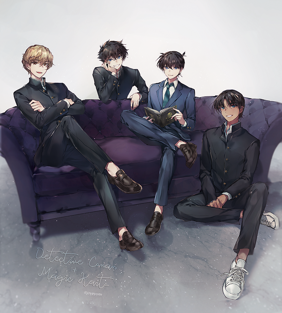 4boys black_hair black_pants black_shirt black_shoes blazer blonde_hair blue_eyes blue_jacket blue_pants book brown_eyes closed_mouth collared_shirt couch crossed_arms crossed_legs dark-skinned_male dark_skin gakuran green_necktie grin hakuba_saguru hattori_heiji head_rest holding holding_book jacket joypyonn kudou_shin&#039;ichi kuroba_kaito loafers long_sleeves looking_at_viewer magic_kaito male_focus meitantei_conan multiple_boys necktie on_couch on_floor pants school_uniform shirt shoes short_hair sitting smile sneakers white_shirt white_shoes
