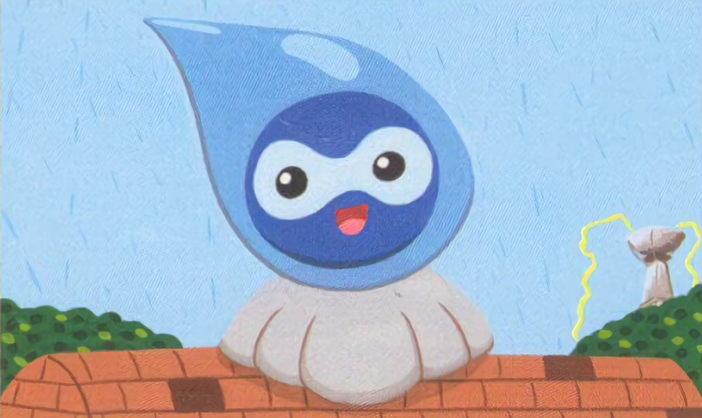:d black_eyes castform castform_(rainy) creature full_body gen_3_pokemon happy looking_at_viewer nintendo no_humans official_art open_mouth pokemon pokemon_(creature) pokemon_tcg rain smile solo tanaka_miki third-party_source