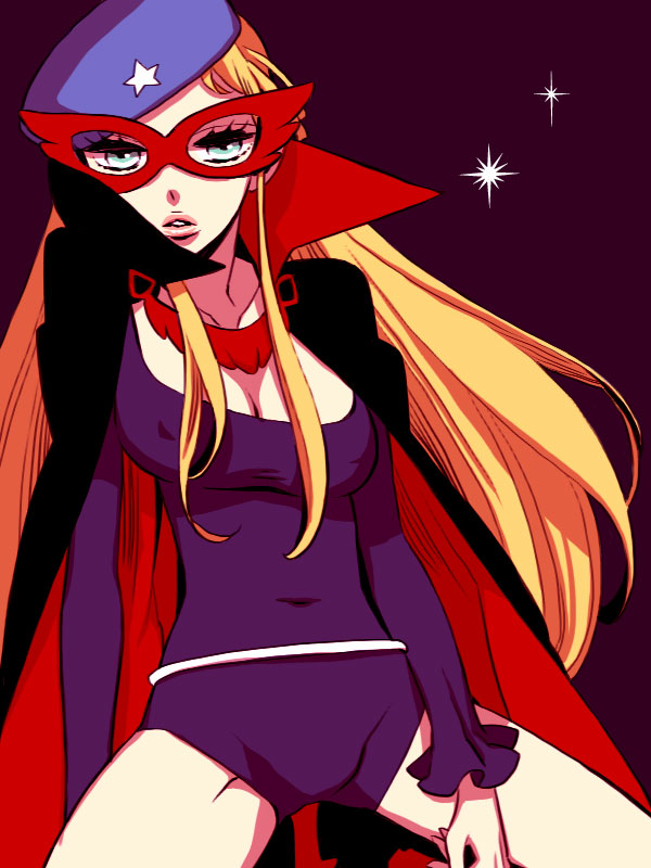 1970s_(style) 1girl aqua_eyes beret blonde_hair breasts cape covered_erect_nipples female_focus hat hoshino_lily la_seine_no_hoshi leotard long_hair mask oldschool retro_artstyle simone_(la_seine_no_hoshi) solo spread_legs star_(symbol) sunrise_(company)