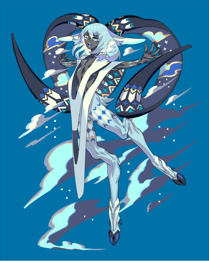 1boy animal_ears animal_feet blue_background bodypaint cloud colored_skin commentary_request edarow full_body grey_skin hooves horizontal_pupils horns looking_at_viewer male_focus monster_boy one_eye_closed original outstretched_arms poncho satyr sheep_ears sheep_horns sheep_tail solo spread_arms tail white_poncho yellow_eyes