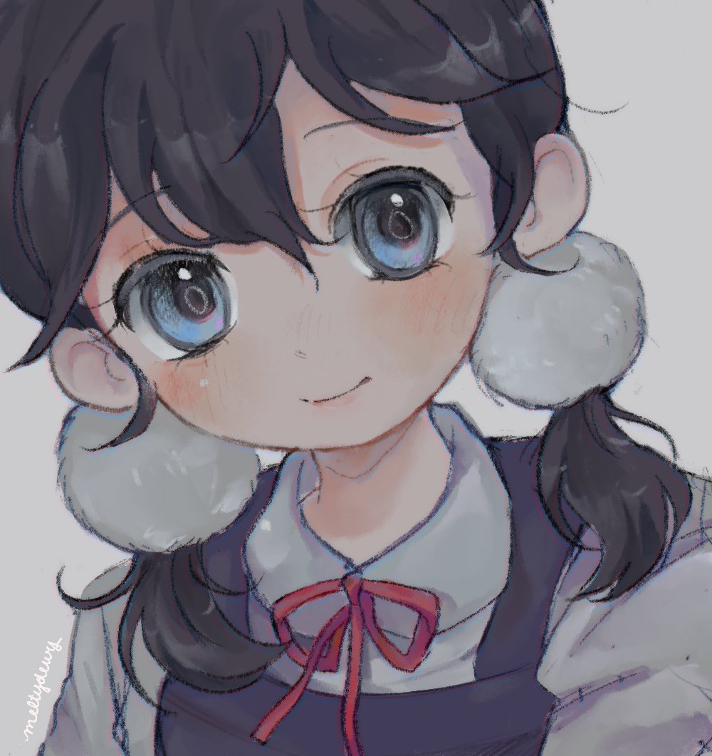 1girl black_hair blue_cardigan blue_eyes blue_sweater blush bow bowtie candy_hair_ornament cardigan food food-themed_hair_ornament hair_bobbles hair_ornament kitashirakawa_tamako low_twintails meltydewy mochi red_bow red_bowtie school_uniform shirt short_hair signature simple_background smile solo sweater tamako_market twintails white_shirt