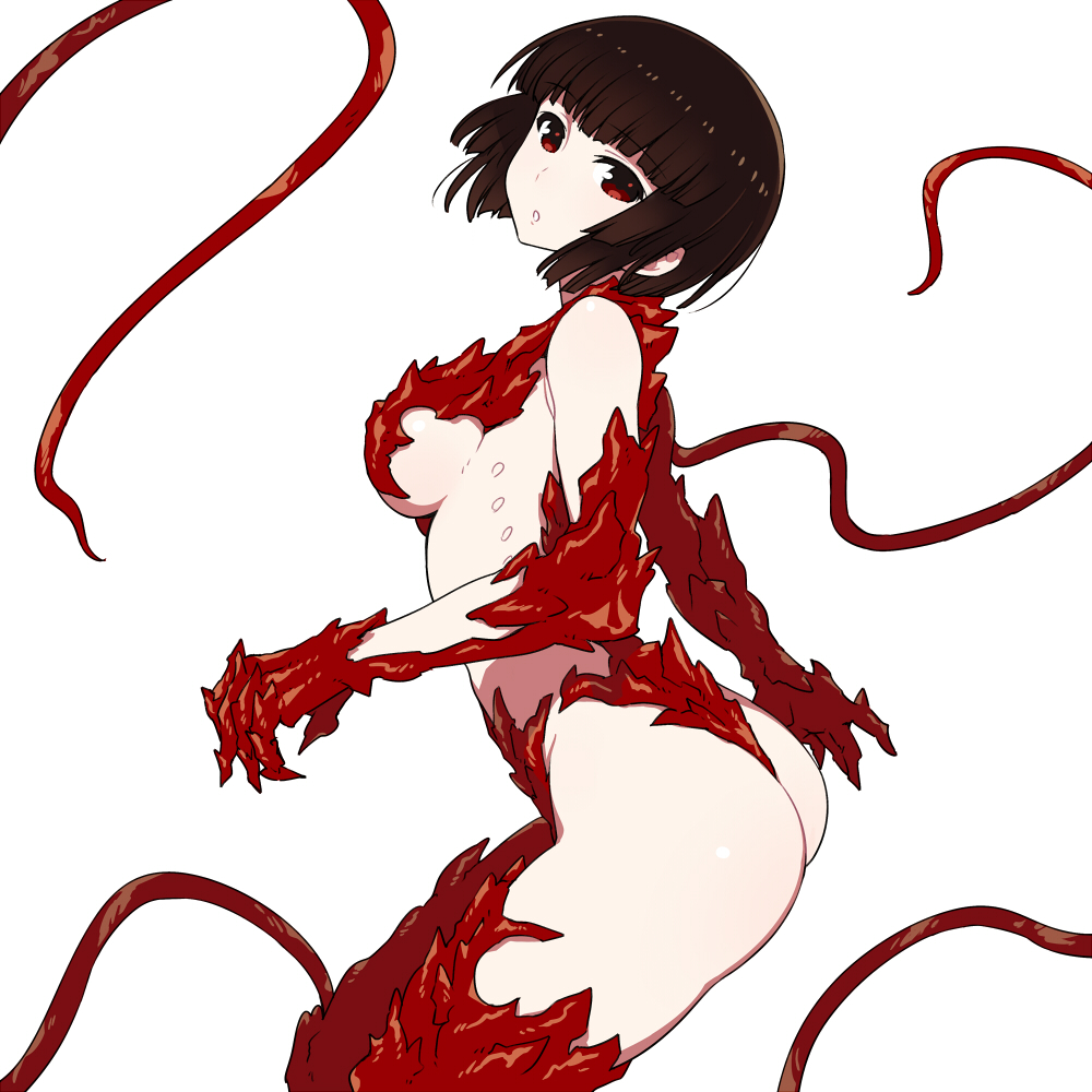 1girl alien biosuit blush bob_cut breasts chan_co claws female_focus gauna gauna_491 looking_at_viewer monster_girl red_eyes sidonia_no_kishi simple_background solo tail tentacles white_background