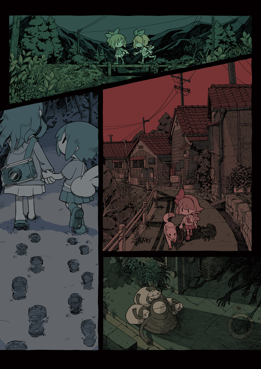 5girls animal_bag artist_request bag bandage_on_face bandages building camera cover cover_page creature dog footprints hair_ribbon haru_(yomawari) highres holding_hands hood hoodie house leash limited_palette mountain multiple_girls nature nippon_ichi official_art omoide_no_naka_no_shoujo outdoors power_lines protagonist_(yomawari) rabbit_bag railing ribbon sack shadow shin_yomawari shirt skirt sky snow t-shirt tree walking yomawari yomawari-san yomawari_(series) yomawari_san yui_(yomawari) yuzu_(yomawari)