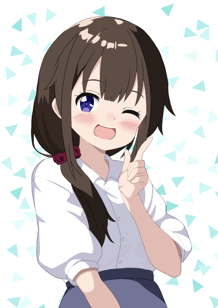 1girl blush brown_hair collared_shirt famicom_tantei_club hair_ornament hair_scrunchie index_finger_raised long_hair looking_at_viewer low_ponytail mizusaki_johnko one_eye_closed open_mouth ponytail purple_eyes scrunchie shirt shirt_tucked_in smile solo tachibana_ayumi three-quarter_sleeves
