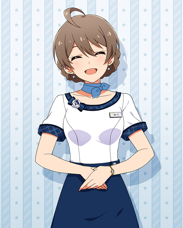 1girl ^_^ ahoge aqua_background blue_neckerchief blue_skirt blush braid breasts brown_hair card_(medium) closed_eyes cowboy_shot earrings idolmaster idolmaster_million_live! idolmaster_million_live!_theater_days jewelry medium_breasts name_tag neckerchief official_art open_mouth own_hands_together pencil_skirt sakuramori_kaori shirt short_hair skirt smile solo star_(symbol) stole summer_office_(idolmaster) summer_uniform_series_(idolmaster) watch white_shirt wristwatch