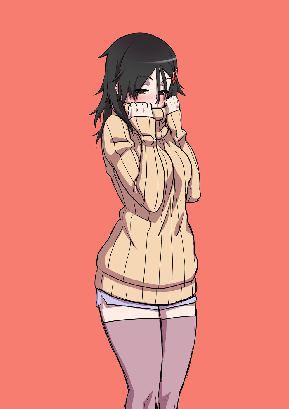 1girl black_eyes black_hair blush clothes_lift hair_ornament hanako_yamada heart_hair_ornament highres kjech shorts sweater sweater_lift thighhighs yandere_simulator