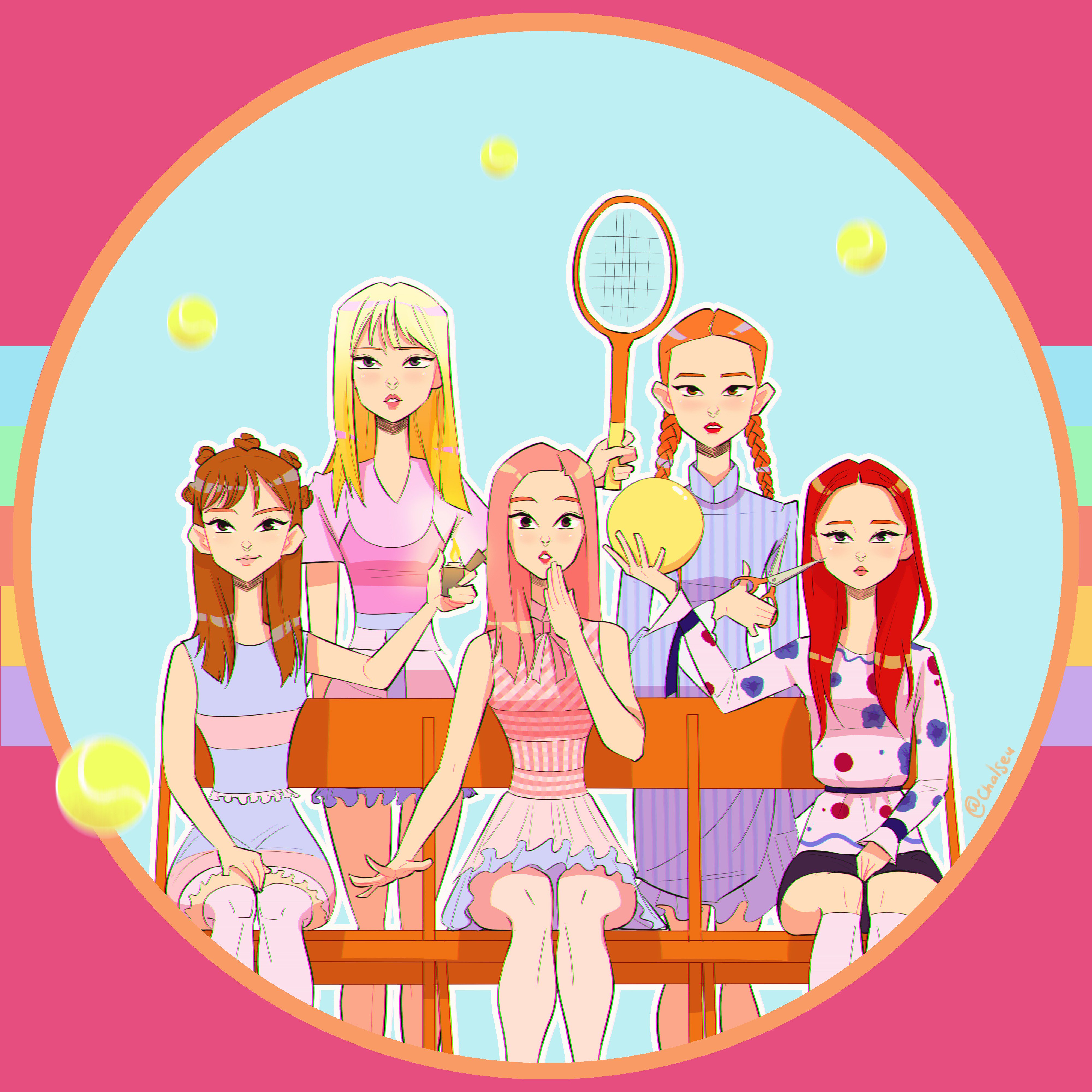 5girls absurdres animification ball blonde_hair blue_background braided_twintails brown_hair chalseu circle commentary english_commentary highres holding holding_ball holding_racket holding_scissors irene_(red_velvet) joy_(red_velvet) k-pop looking_at_viewer medium_hair multiple_girls orange_hair pink_background pink_hair racket real_life red_hair red_velvet_(group) scissors seulgi_(red_velvet) sitting striped_clothes tennis_ball twintails vertical-striped_clothes wendy_(red_velvet) yeri_(red_velvet)