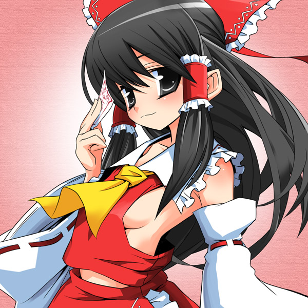 1girl ascot black_eyes black_hair breasts detached_sleeves female_focus hair_tubes hakurei_reimu hermmy long_hair medium_breasts sideboob solo touhou
