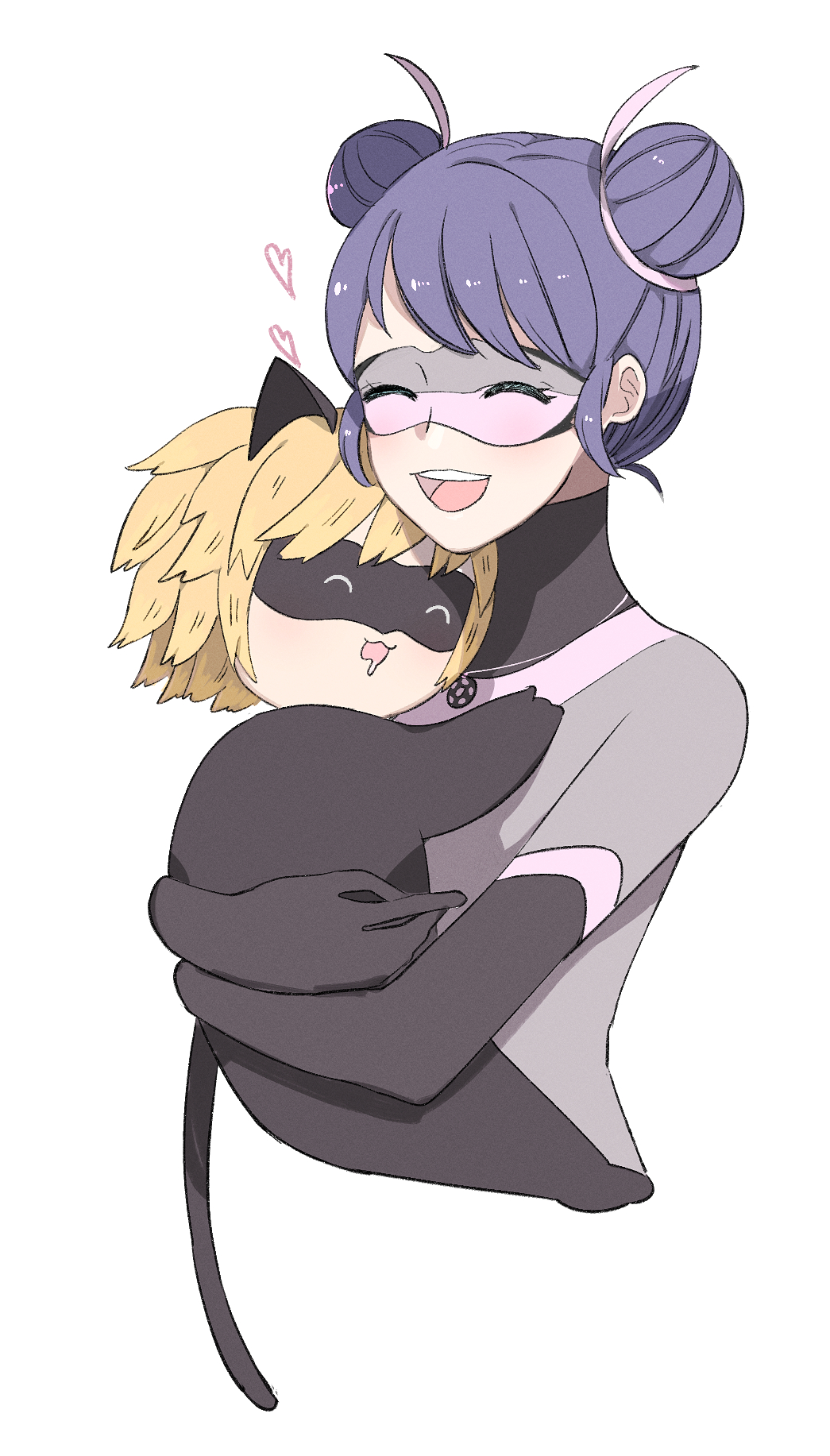 1boy 1girl adrien_agreste animal_ears black_bodysuit black_mask blonde_hair blue_hair bodysuit carrying cat_boy cat_ears chat_noir chibi double_bun grey_bodysuit grey_mask hair_bun happy highres marinette_dupain-cheng miraculous_ladybug multimouse_(character) open_mouth seio_(nao_miragggcc45) simple_background smile superhero_costume white_background