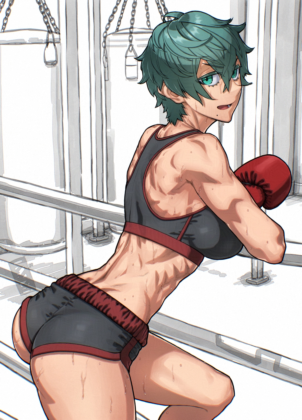 boxing green_eyes green_hair highres muscular muscular_female original rggr