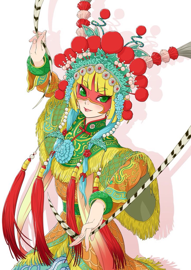 1girl arms_(game) artist_request blonde_hair chinese_clothes domino_mask female_focus food green_eyes hitohito looking_at_viewer mask min_min_(arms) noodles short_hair simple_background smile solo