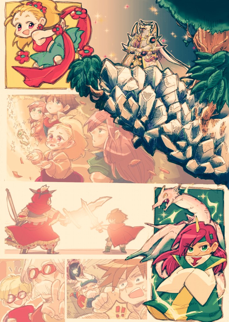 1boy 3girls bartz_klauser belt blonde_hair blue_eyes boots cape exdeath faris_scherwiz final_fantasy final_fantasy_v galuf_halm_baldesion gilgamesh_(final_fantasy) high_ponytail krile_mayer_baldesion_(ff5) lenna_charlotte_tycoon multiple_girls ponytail saitou_piyoko scared smile square_enix summoner_(final_fantasy)
