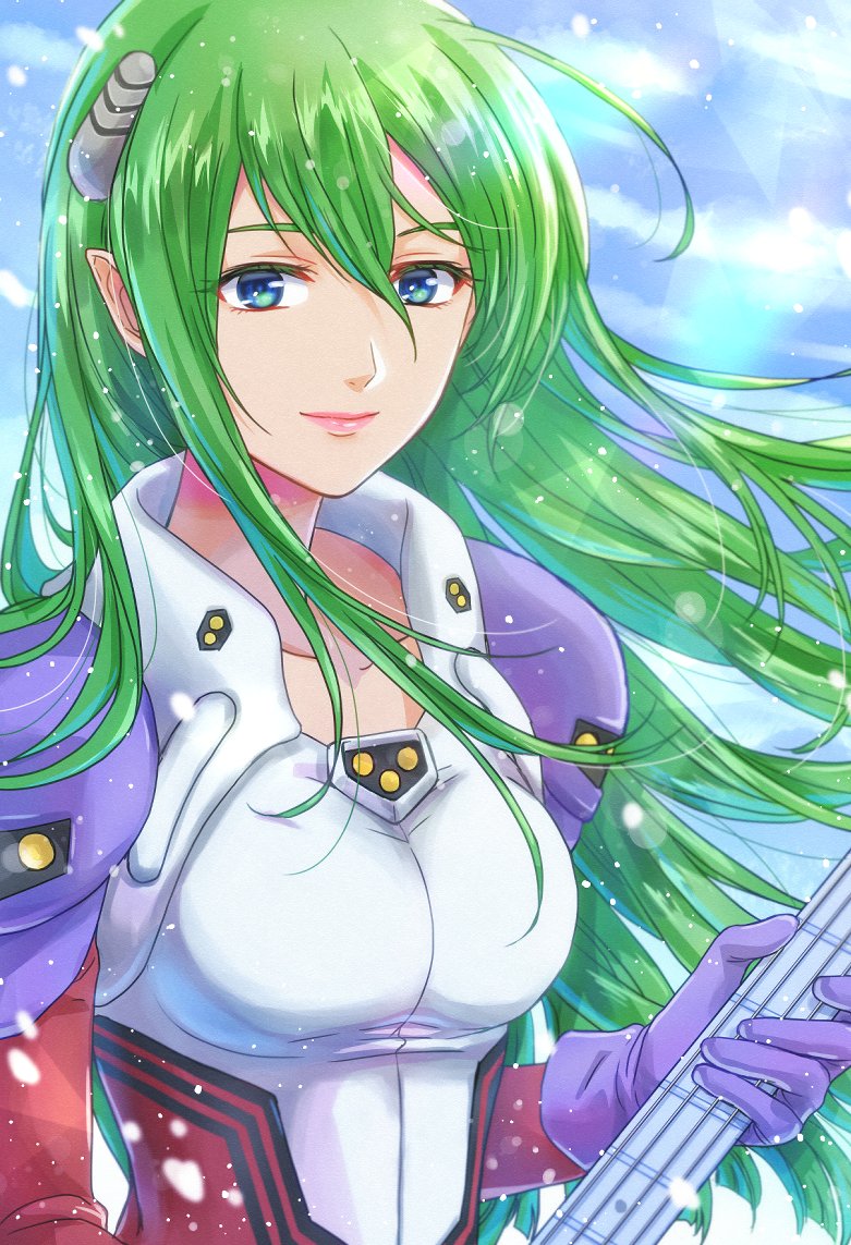 1girl akira_ituki breasts cloud collarbone emilia_jenius gloves guitar hair_behind_ear hair_between_eyes holding holding_instrument instrument long_hair looking_at_viewer macross macross_7 macross_7:_the_galaxy_is_calling_me mecha_pilot_suit medium_breasts meltrandi pilot_suit pointy_ears purple_gloves sky smile solo upper_body