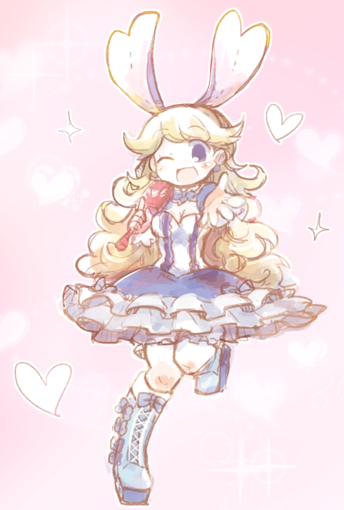 1girl ;d blonde_hair blue_boots blue_eyes blue_skirt boots bravely_default:_flying_fairy bravely_default_(series) breasts cleavage commentary_request curly_hair dorua_(dollar) full_body heart holding holding_microphone idol knee_boots leg_up long_hair microphone one_eye_closed open_mouth pink_background praline_a_la_mode shirt skirt smile solo sparkle white_shirt