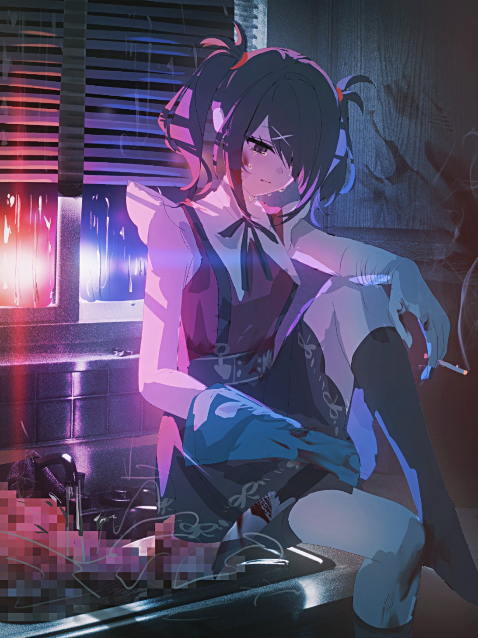 1girl ame-chan_(needy_girl_overdose) black_eyes black_hair black_ribbon black_skirt black_thighhighs blood blood_on_clothes blood_on_leg bloody_knife blue_gloves censored cigarette gloves hair_ornament hair_over_one_eye highres holding holding_cigarette holding_knife indoors junpaku_karen kitchen knife long_hair mosaic_censoring neck_ribbon needy_girl_overdose red_shirt ribbon scar scar_on_arm self-harm self-harm_scar shirt single_glove skirt solo suspender_skirt suspenders tears thighhighs twintails x_hair_ornament