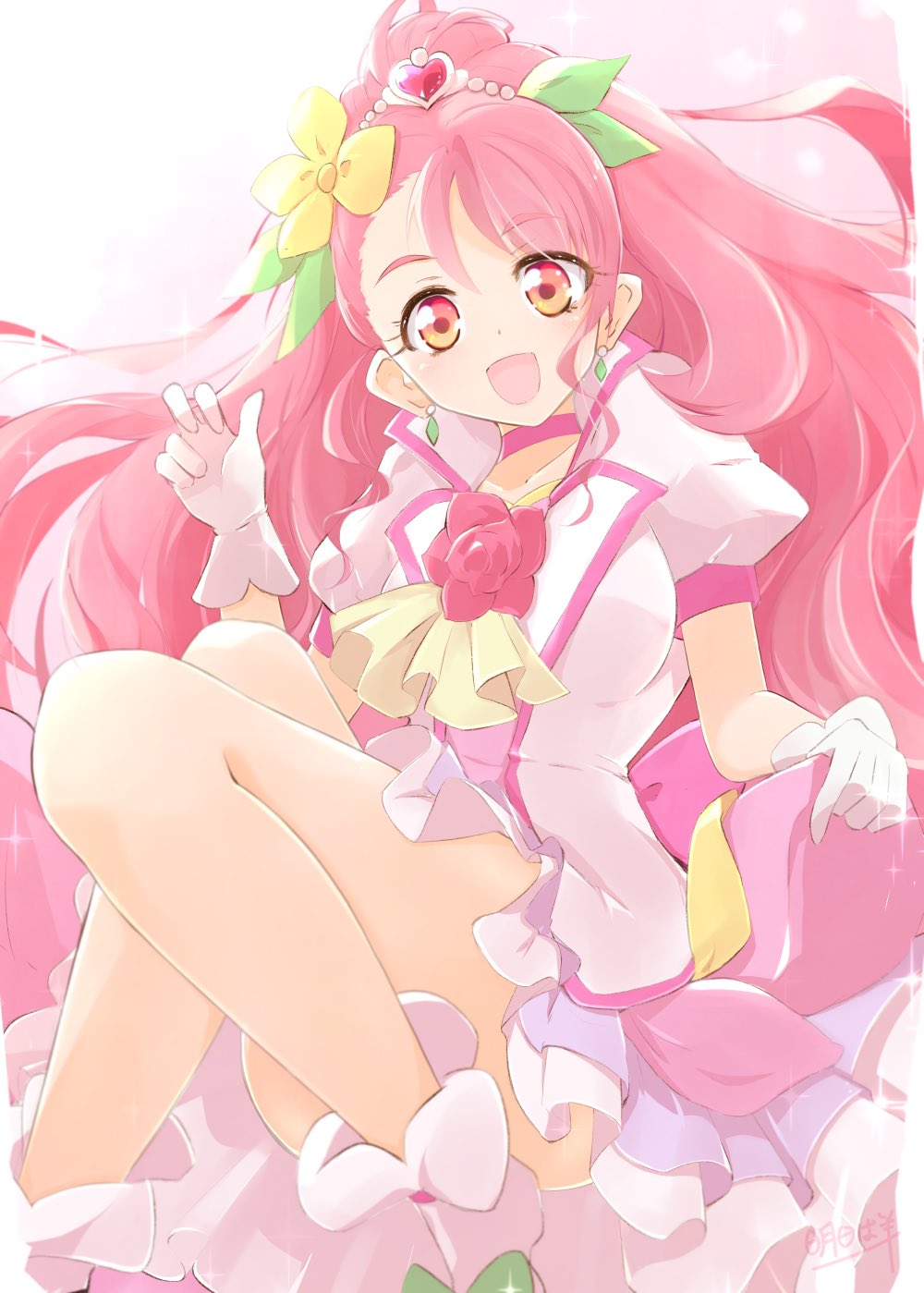 1girl :d ashita_wa_hitsuji choker commentary_request cure_grace dress earrings eyelashes flower gloves hair_flower hair_ornament hanadera_nodoka happy healin&#039;_good_precure highres jacket jewelry long_hair looking_at_viewer magical_girl open_mouth pink_choker pink_dress pink_eyes pink_hair pink_jacket pink_skirt pleated_skirt ponytail precure puffy_short_sleeves puffy_sleeves short_sleeves skirt smile solo white_gloves