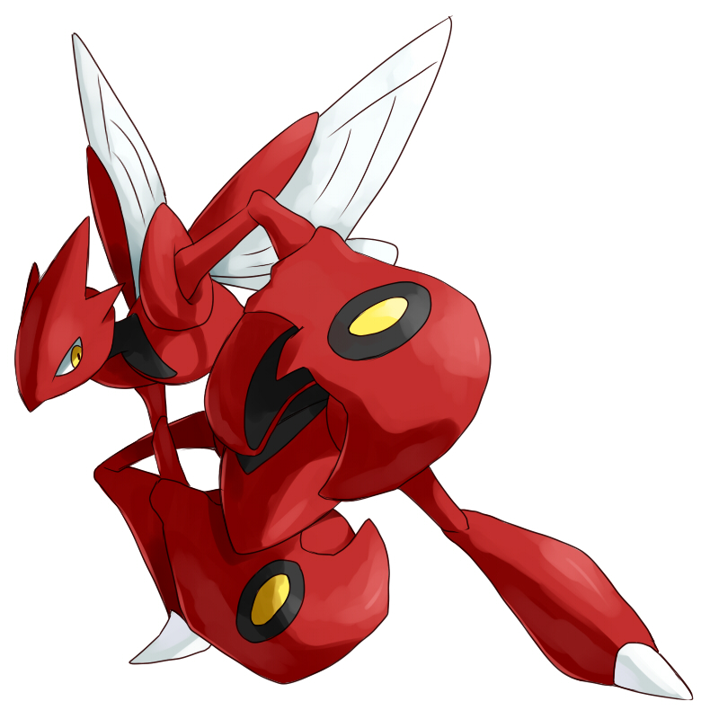 gen_2_pokemon good_frog looking_at_viewer nintendo pokemon pokemon_(creature) scizor simple_background solo white_background yellow_eyes