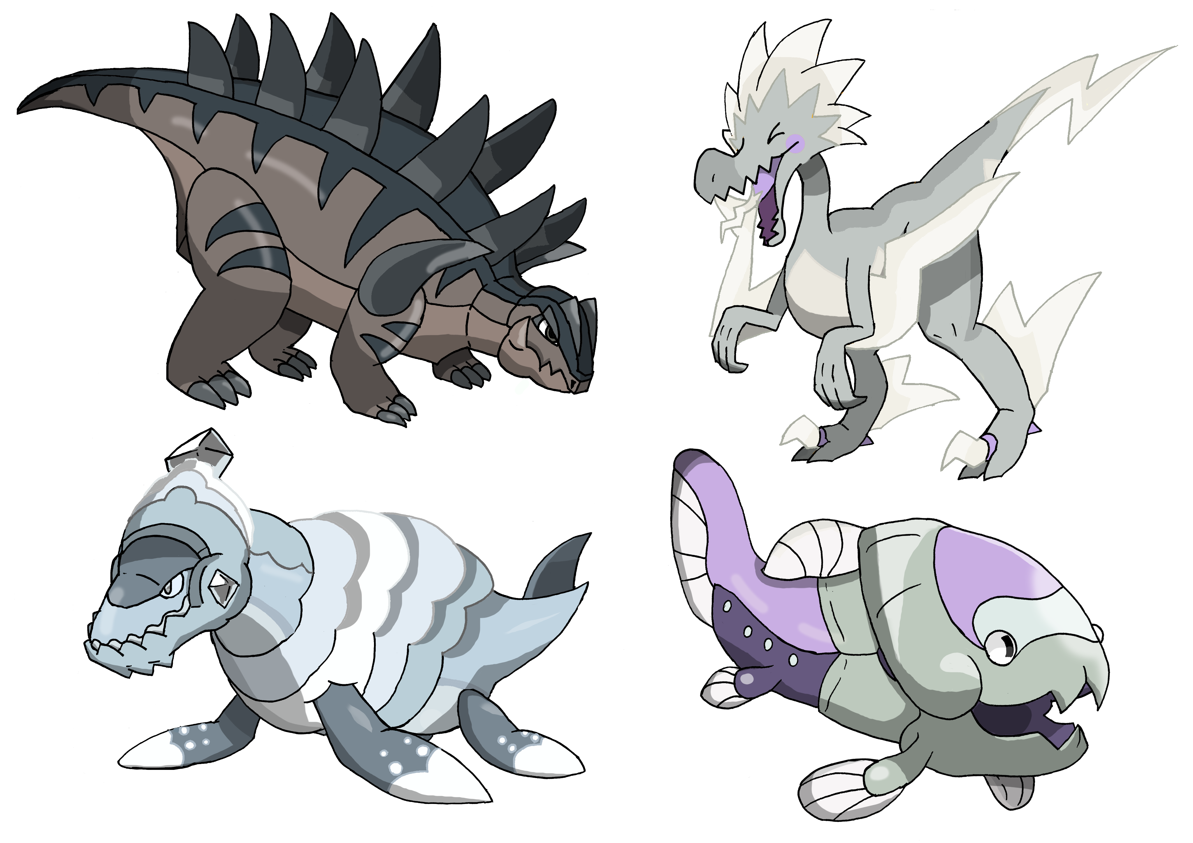 &gt;_&lt; absurdres alternate_color arctovish arctozolt black_eyes claws closed_mouth commentary_request dracovish dracozolt gen_8_pokemon highres nintendo no_humans open_mouth pokemon pokemon_(creature) saurasu shiny_pokemon simple_background spikes standing tongue white_background