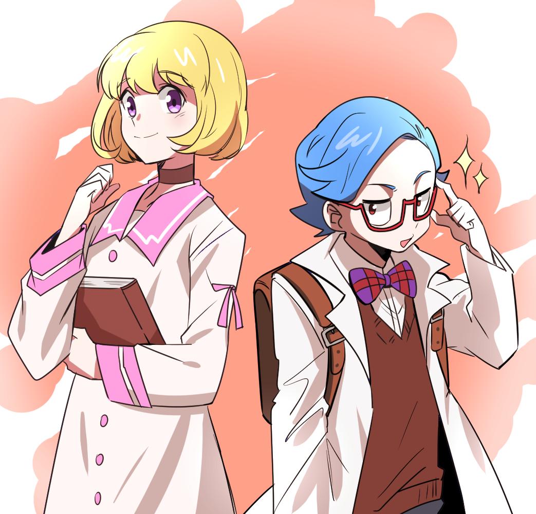 1boy 1girl blonde_hair blue_hair book bow bowtie digimon digimon_universe:_appli_monsters glasses kashiki_ai wato_takeru