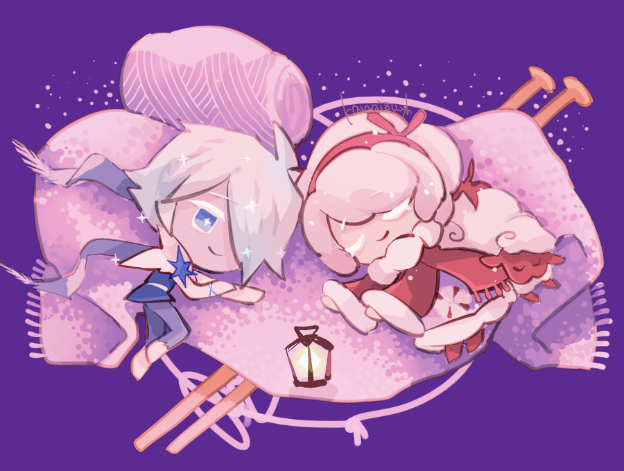 1boy 1girl ahoge animal blue_eyes chibi chibi_only closed_eyes commentary_request cookie_run cookie_run:_kingdom cotton_cookie cream_cotton_sheep dress kanaizu_yh lantern long_sleeves lying official_style scarf sheep sherbet_cookie short_hair sleeping smile white_hair yarn