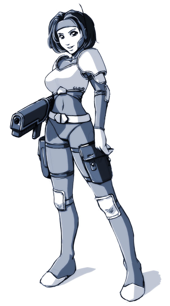1girl armor breasts commentary covered_navel daniel_fielding elbow_pads full_body greyscale gun headgear knee_pads medium_breasts monochrome original pouch shoulder_armor signature solo weapon x-com